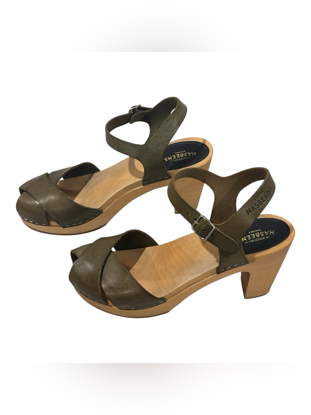 Swedish Hasbeens Merci Sandals Olive Green Sky High Wooden Heels - Picture 3 of 6